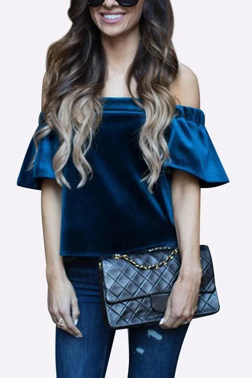 Custom Off The Shoulder Backless Short Sleeve Blue Top