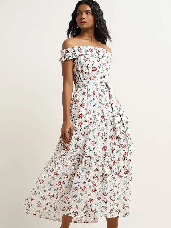 LOV White Floral Patterned Cotton Tiered Dress