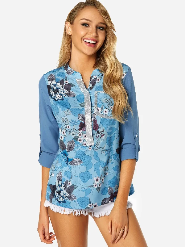 Custom V-Neck Floral Print Side Pockets Sequins Embellished 3/4 Sleeve T-Shirts