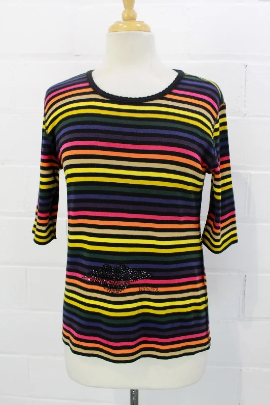 Vintage 1990s Sonia Rykiel Rainbow Striped T-Shirt with Rhinestone Logo, Medium