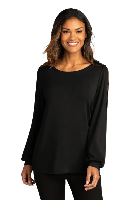 Port Authority Womens Luxe Knit Long Sleeve Wide Neck T-Shirt - Deep Black - Closeout