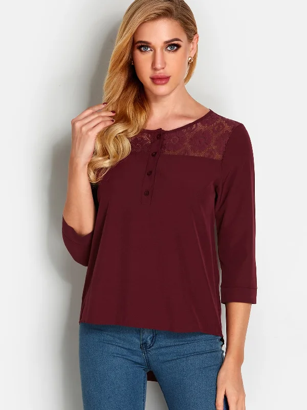 Custom Round Neck Lace 3/4 Sleeve Irregular Hem Burgundy T-Shirts