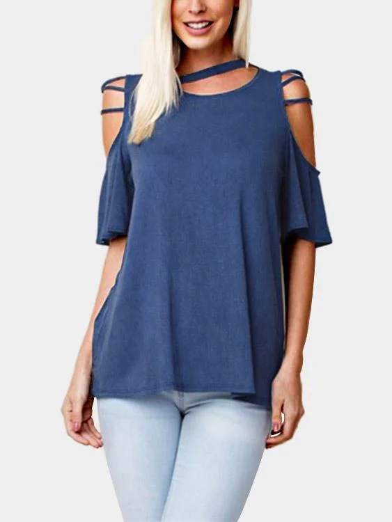 Custom Round Neck Cold Shoulder Cut Out Half Sleeve Blue Top