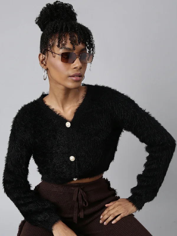 Women Solid Black Crop Cardigan