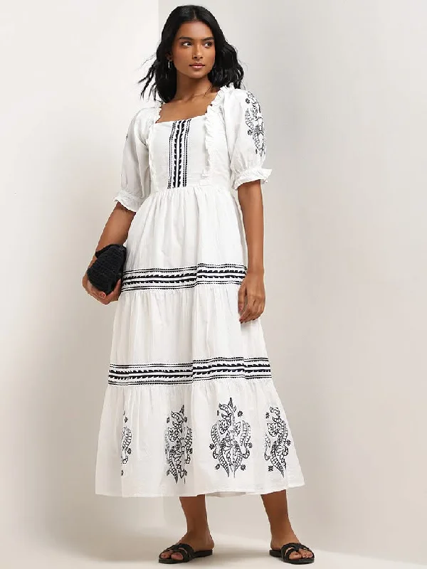 LOV White Printed Cotton Blend Tiered Dress