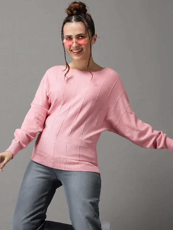 Women's Pink Solid Pullover Sweater