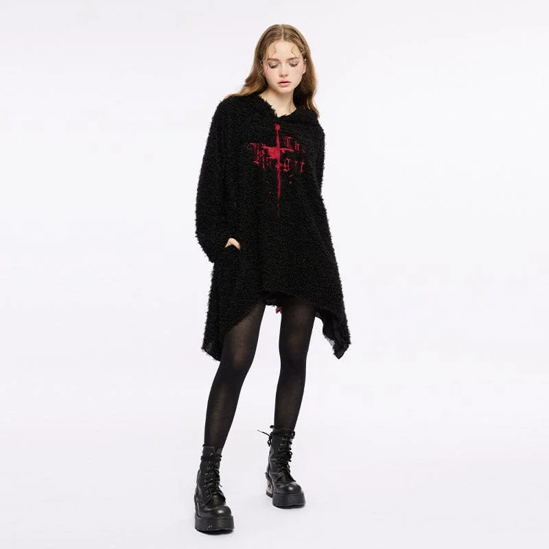 Women's Grunge Irregular Sword Embroidered Sweater with Hood