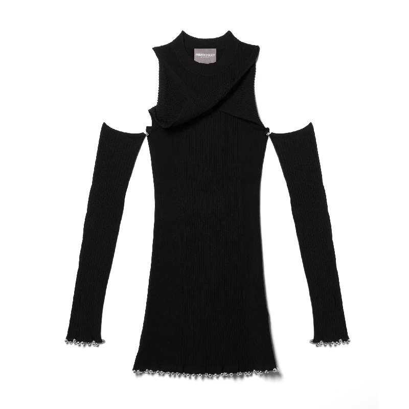 Twist Knit Dress w/ Glove Sleeves - Black