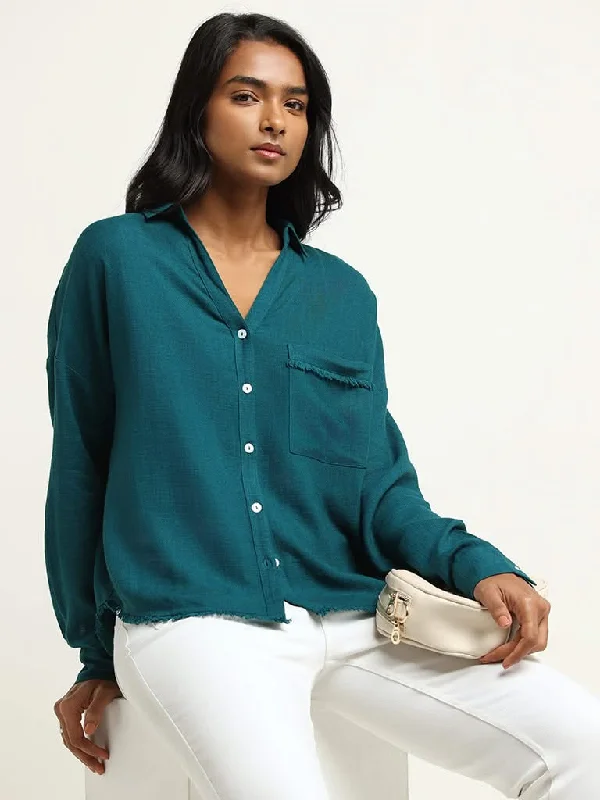 LOV Solid Teal Blended Linen Shirt