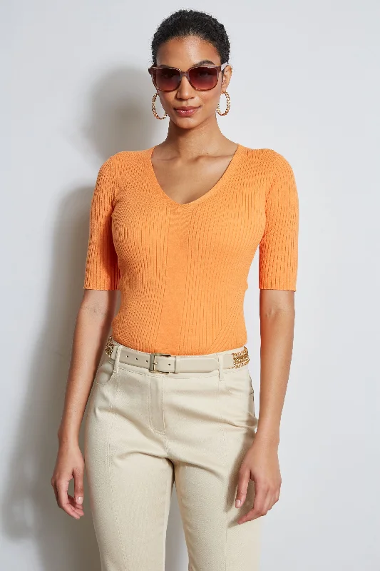 Short Sleeve V-Neck Rib Sweater