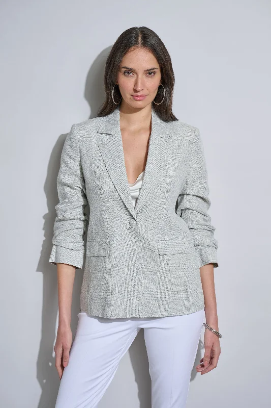 Plaid Ruched Sleeve Linen Blazer