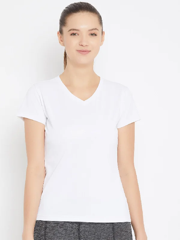 JUMP USA Women White Active Wear V- Neck T-shirt