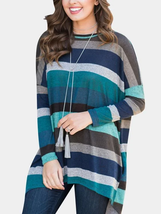 Custom Round Neck Stripe Long Sleeve Irregular Hem Blue T-Shirts