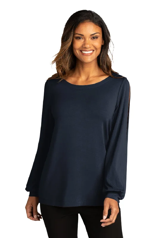 Port Authority Womens Luxe Knit Long Sleeve Wide Neck T-Shirt - River Navy Blue - Closeout