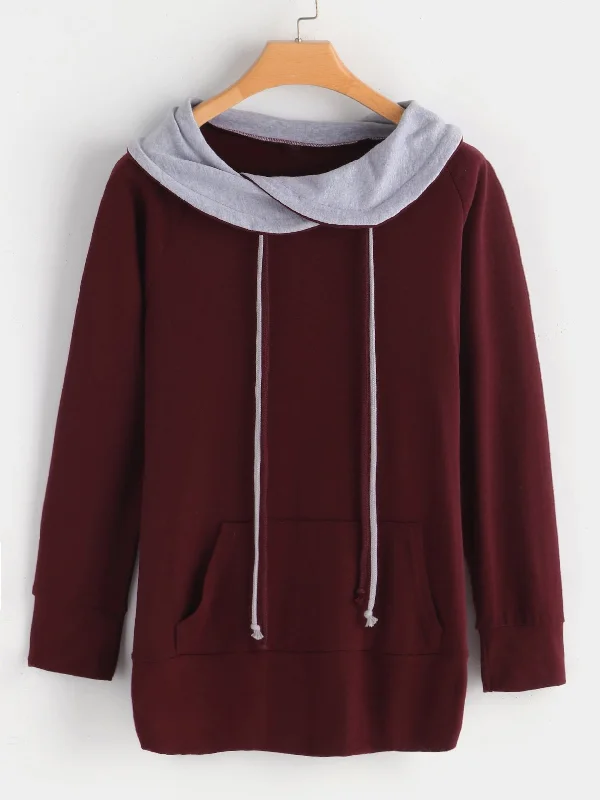 Wholesale Burgundy Drape Sagging Long Sleeve Plain Side Pockets T-Shirts