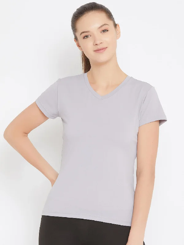 JUMP USA Women Grey Active Wear V- Neck T-shirt