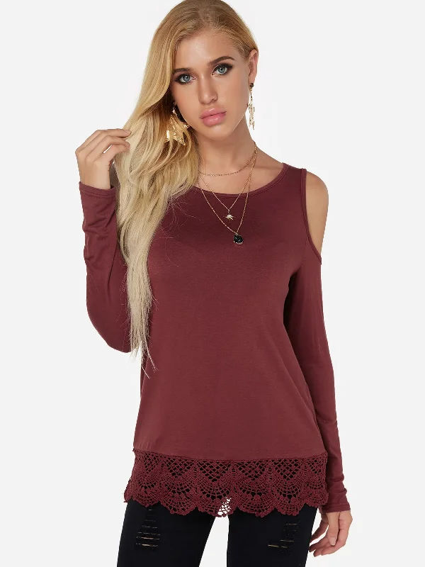 Custom Cold Shoulder Plain Lace Long Sleeve Burgundy T-Shirts