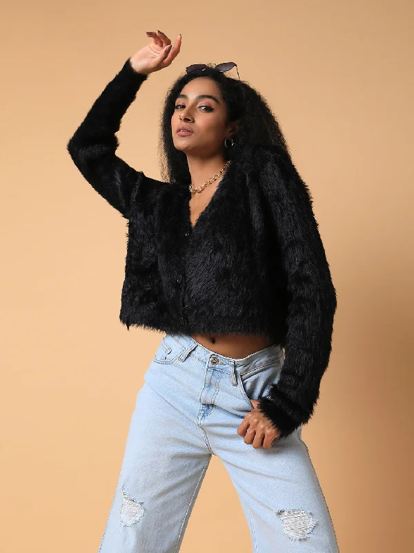 Women Solid Black Oversized Cardigan