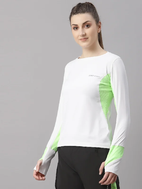 JUMP USA Lifestyle Women White & Neon Green Polyster Round Neck T-Shirt