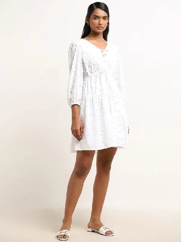 LOV White Floral Embroidered Casual Cotton A-Line Dress