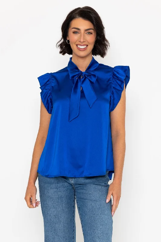 Blue Sateen Tie Neck Sleeveless Top