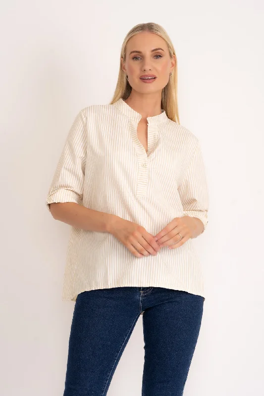 Stripe Collarless Shirt in Beige