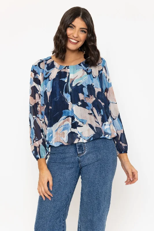 Long Sleeve Navy Printed Blouse