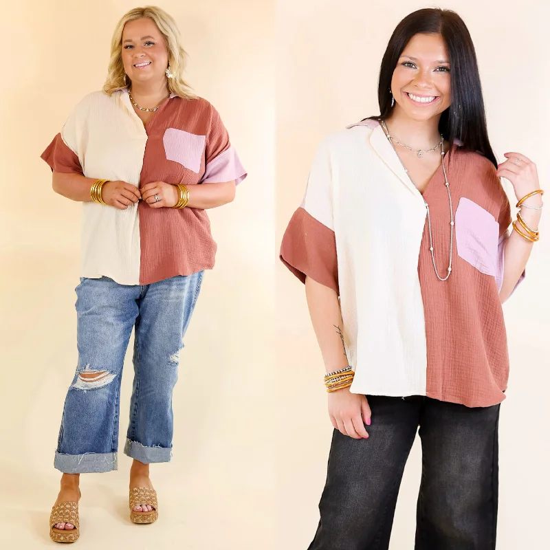 Burst of Joy Collared Color Block Top in Clay Mix