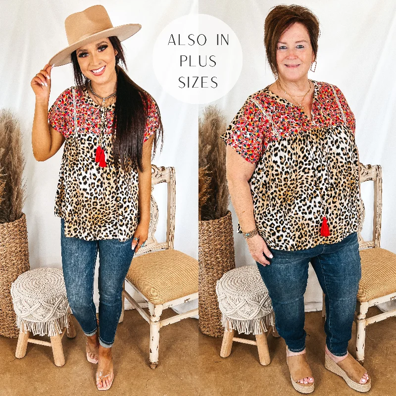 Last Chance Size Small | Fredericksburg In the Spring Embroidered Short Sleeve Top with Front Keyhole in Leopard Print