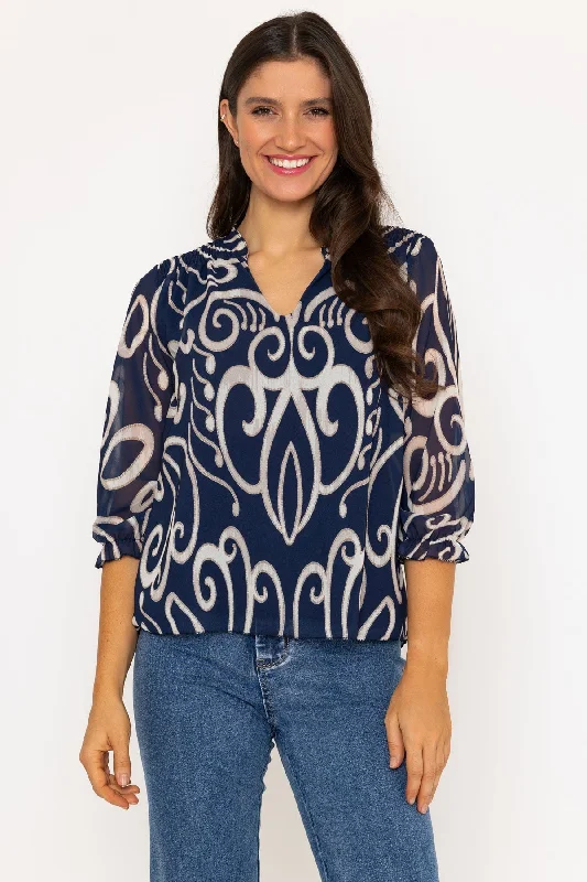 Collarless Blouse in Navy Print