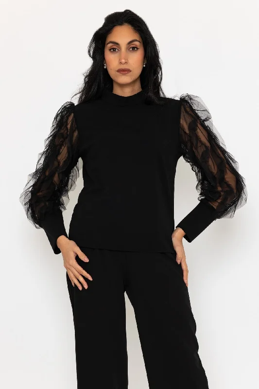 Black Ruffle Mesh Long Sleeve Top