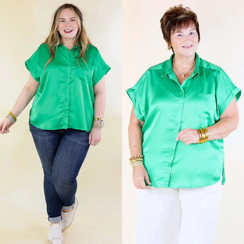 Free To Be Fab Button Up Short Sleeve Top in Green