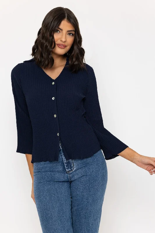 Navy Pleated 3/4 Length Sleeve Shirt