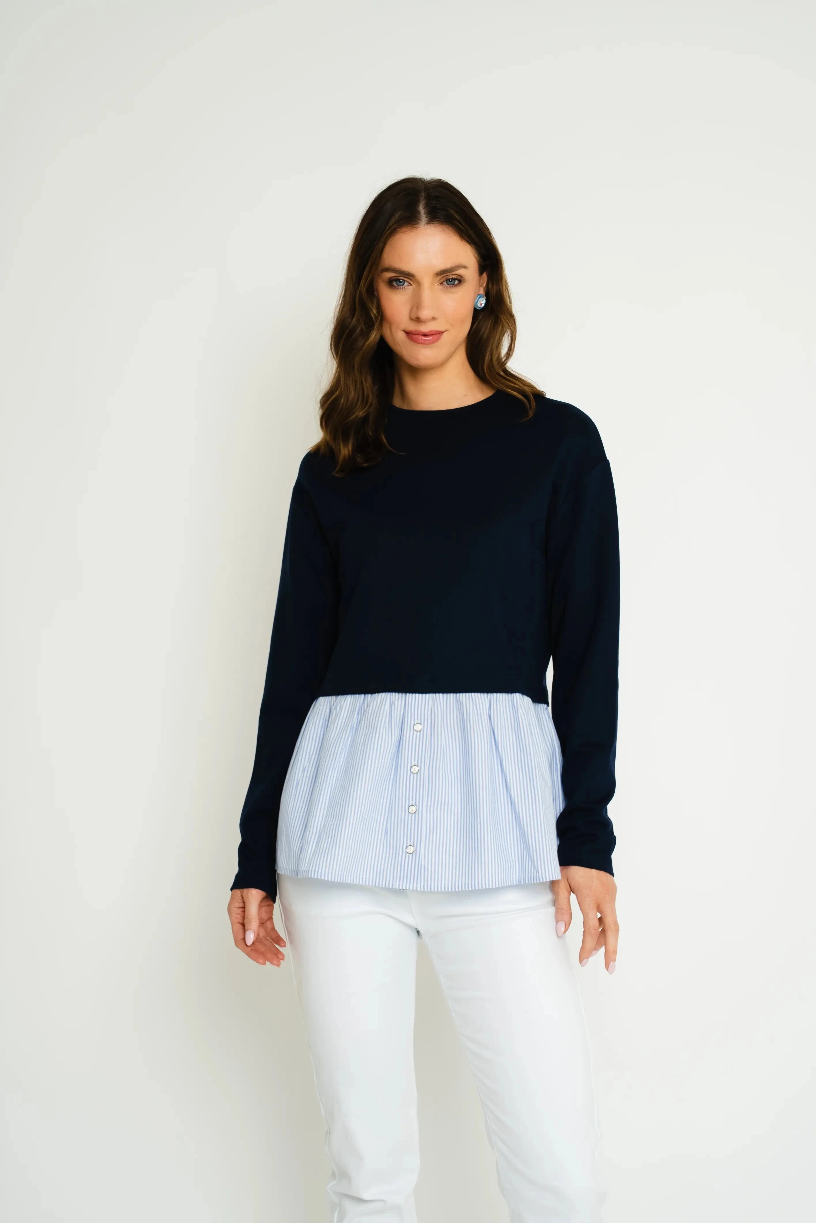 Navy Top with Striped Shirt Hem