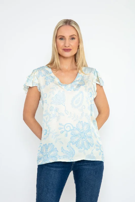 Blue Floral Satin Top