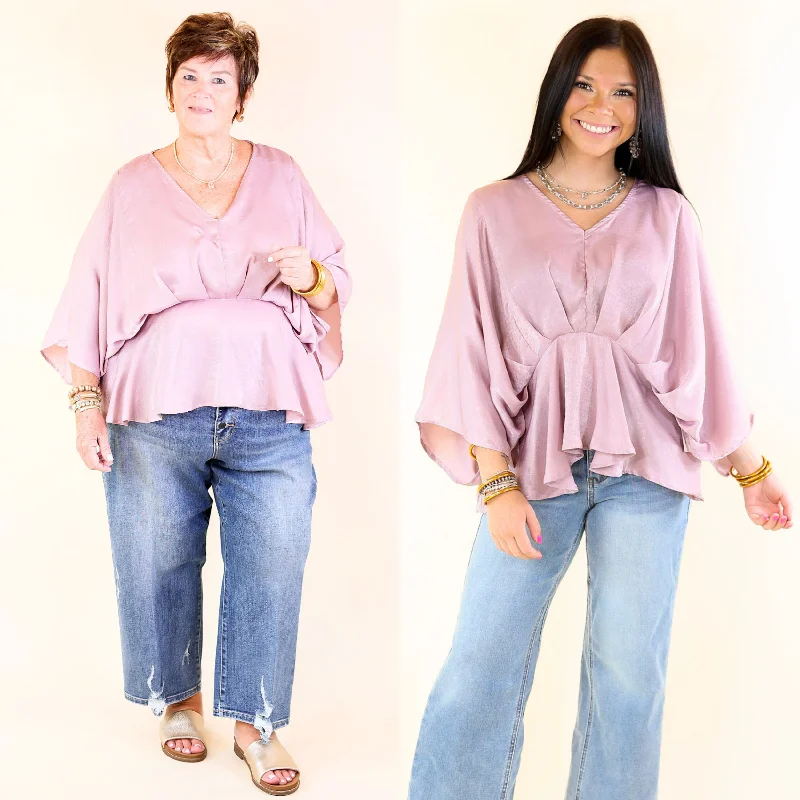 Hear the Music Drop Sleeve Satin V Neck Peplum Top in Dusty Lilac Purple