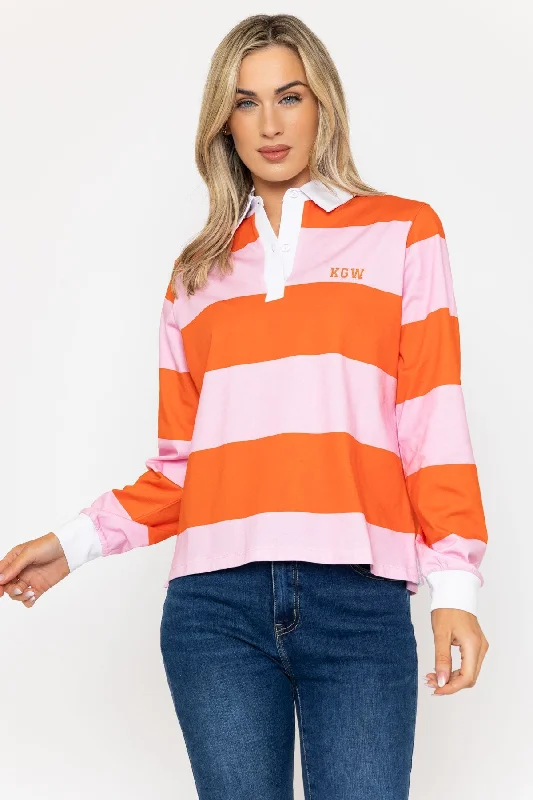 Long Sleeve Cotton Rugby Shirt in Orange & Pink