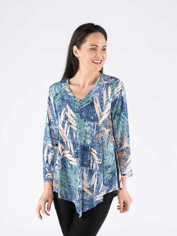 Denim Multi Leaf Print V Neck 3/4 Sleeve