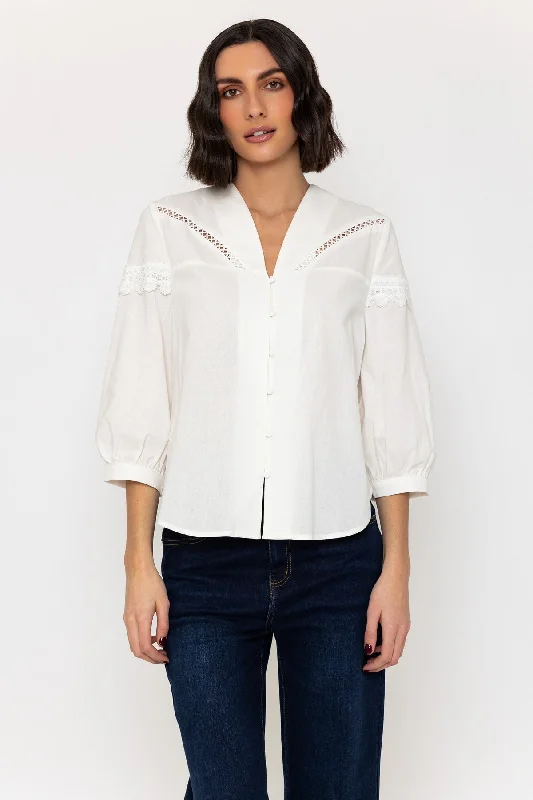 Long Sleeve Linen Blend Blouse in White