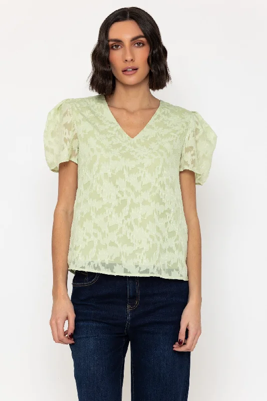 Green Short Sleeve Textured V Neck Top