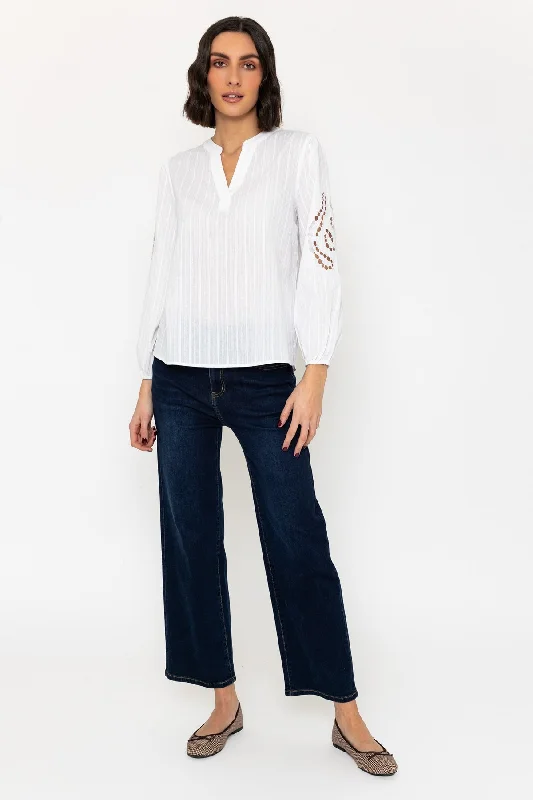 White Embroidered Long Sleeve Cotton Top