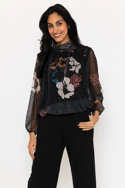 Black Floral Print Mesh High Neck Top