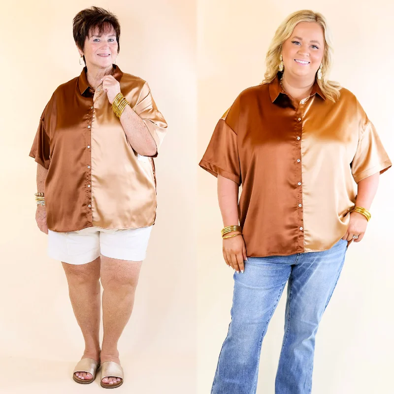 Meant To Be Happy Button Up Color Block Satin Top in Brown Mix