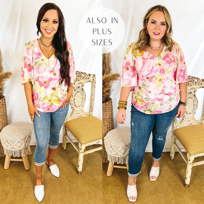 Last Chance Size Small & Medium | Suite Life Floral V Neck Top in Pink and Yellow