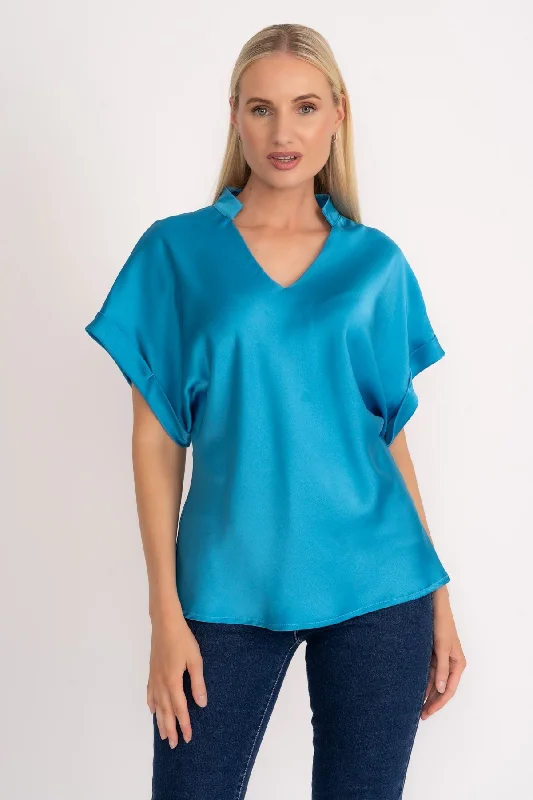 Blue V-Neck Sateen Short Sleeve Top