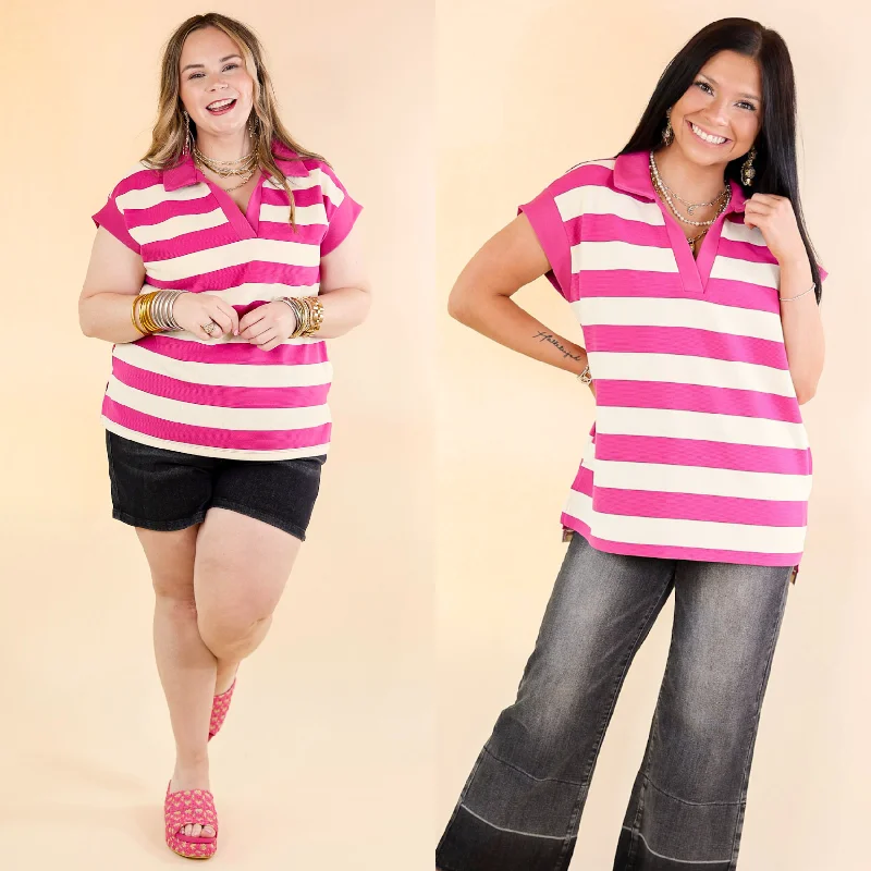 Stripe it Simple Collared Stripe Top with Drop Sleeves in Hot Pink and Cream