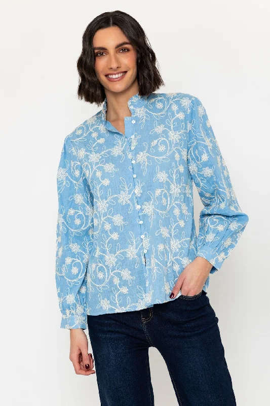 Long Sleeve All Over Embroidered Blouse in Blue