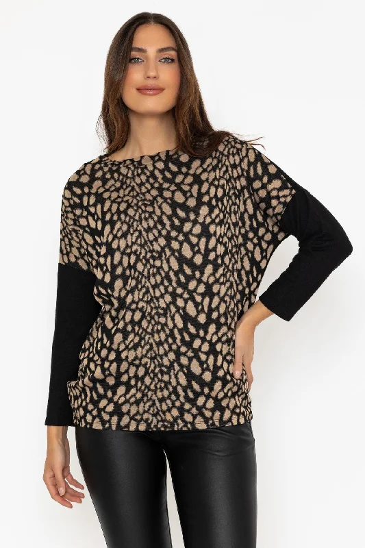 Animal Print Front Knit Long Sleeve Top