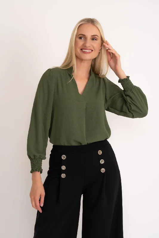 Long Sleeve Collarless Top in Khaki