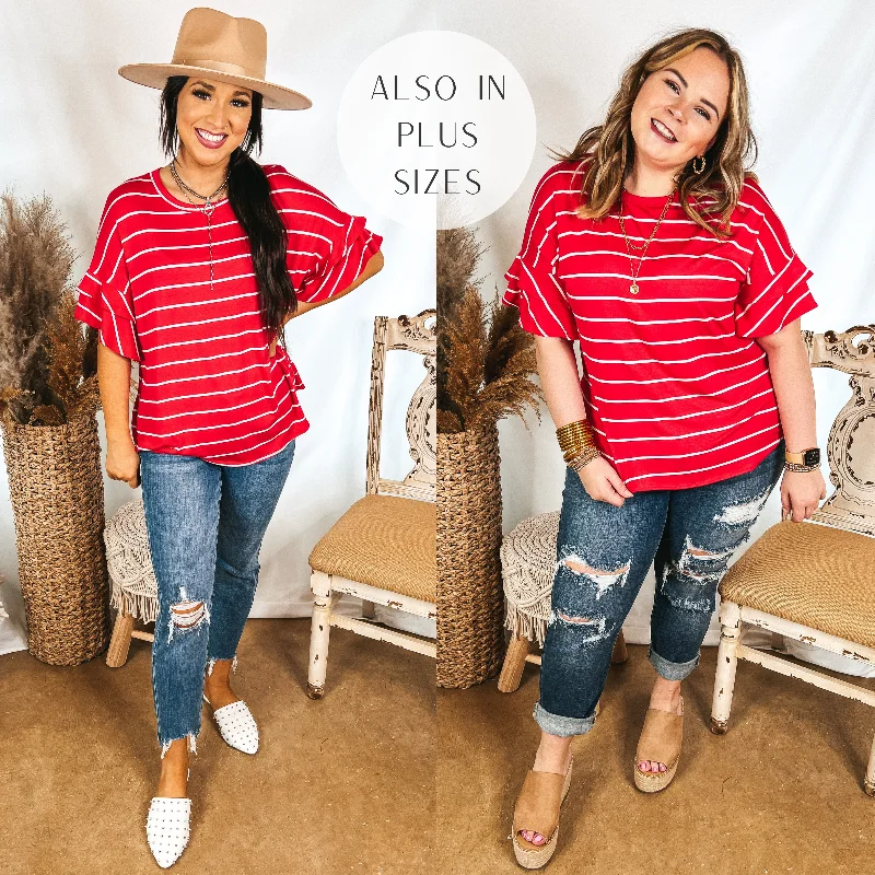 Set The Standard Striped Top with Short Ruffle Sleeves in Red